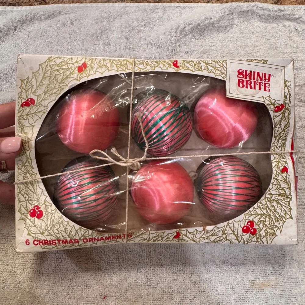 Vintage 1960s Shiny Brite Christmas Ornaments Pink Satin Green Stripes  MCM